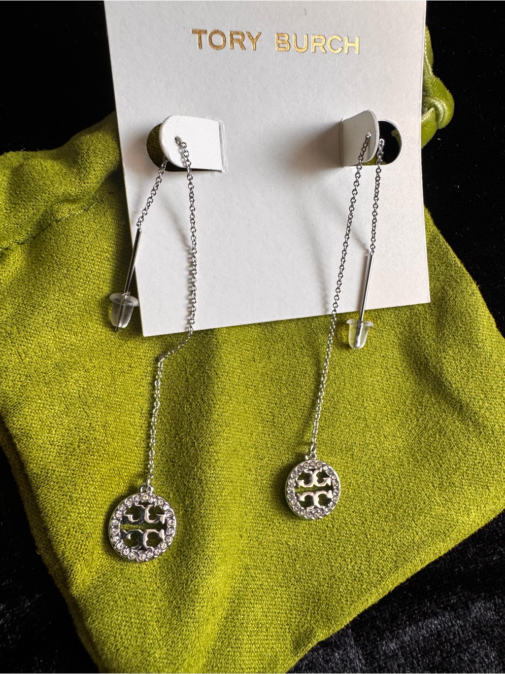 Tory Burch Silver Crystal Logo Threader Earrings